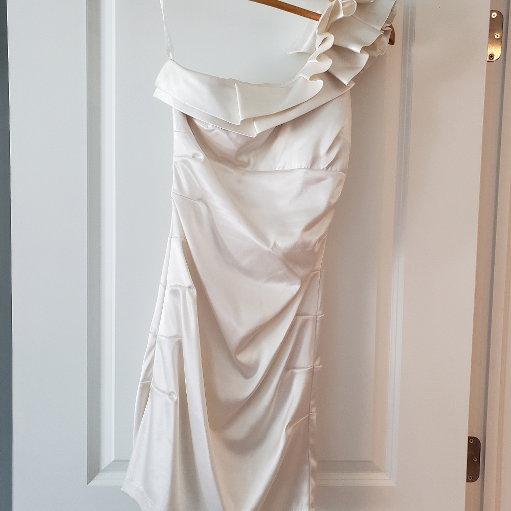 One shoulder, short, cream dress